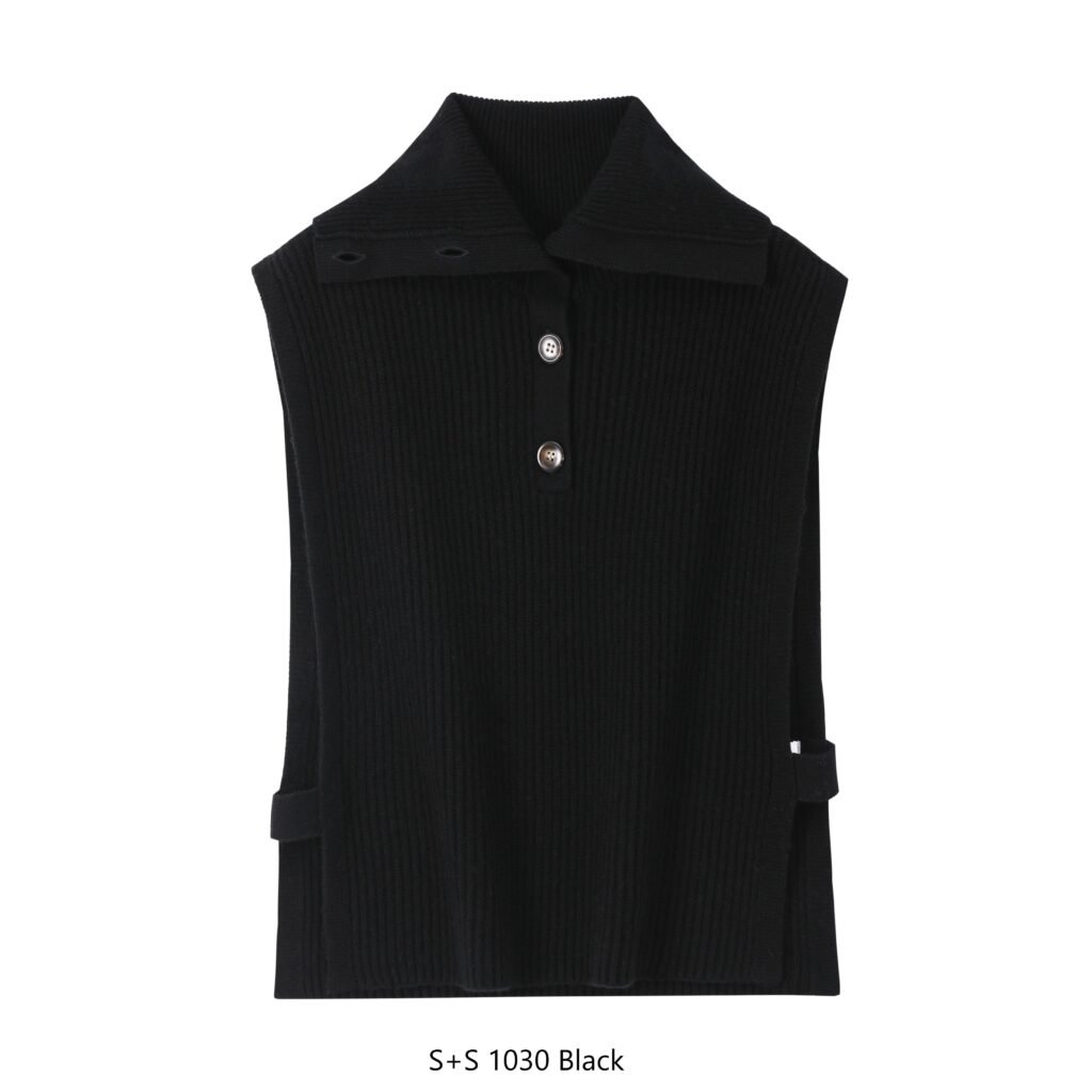Black sleeveless vest with buttons on a white background