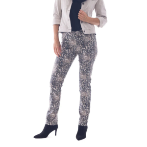 Woman wearing a white shirt, patterned pants, and a dark scarf on a white background