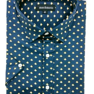 Folded teal shirt with yellow pattern on a white background