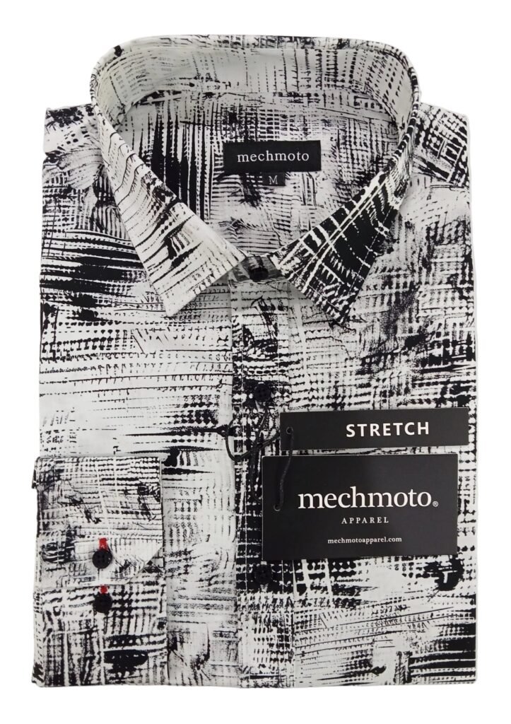Packaged shirt with 'mechmoto' branding on a white background