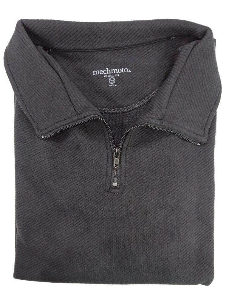 Folded dark gray pullover with a zipper on a white background