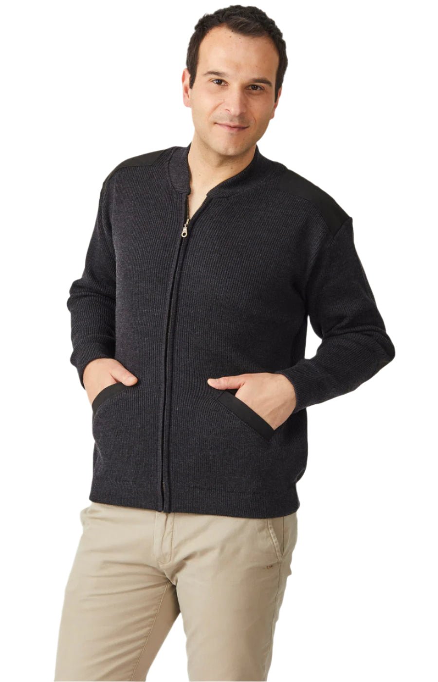 Merino Patch Zip Cardigan with Suede Patches