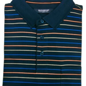 Folded striped polo shirt with a brand label on a light gray background