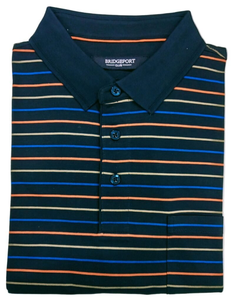 Folded striped polo shirt with a brand label on a light gray background