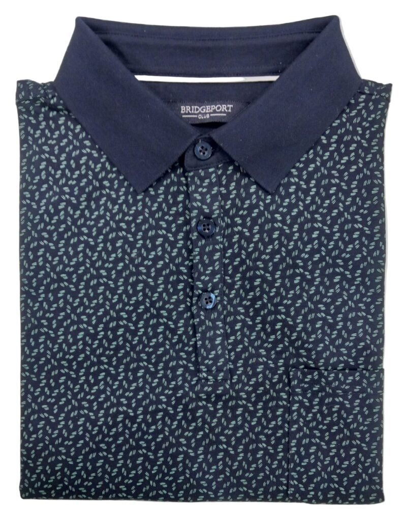 Folded navy blue polo shirt with a subtle pattern on a light gray background