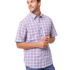 Man wearing a plaid shirt and blue pants on a white background