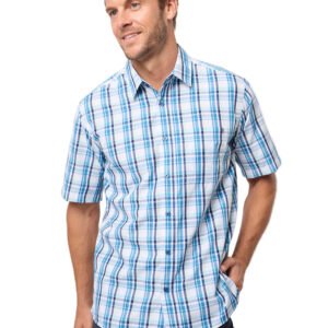 Man wearing a blue and white checkered shirt on a light gray background