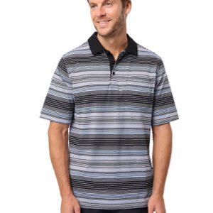 Man wearing a striped polo shirt against a plain background