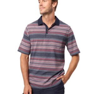 Man wearing a striped polo shirt against a plain background
