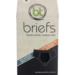 Packaging of bamboo briefs with brand logo and text on a white background