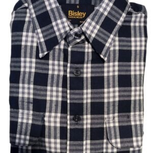 Folded navy and white checkered shirt on a white surface