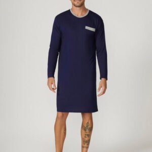 Bamboo Cotton Long Sleeve Nightshirt - Navy/Grey