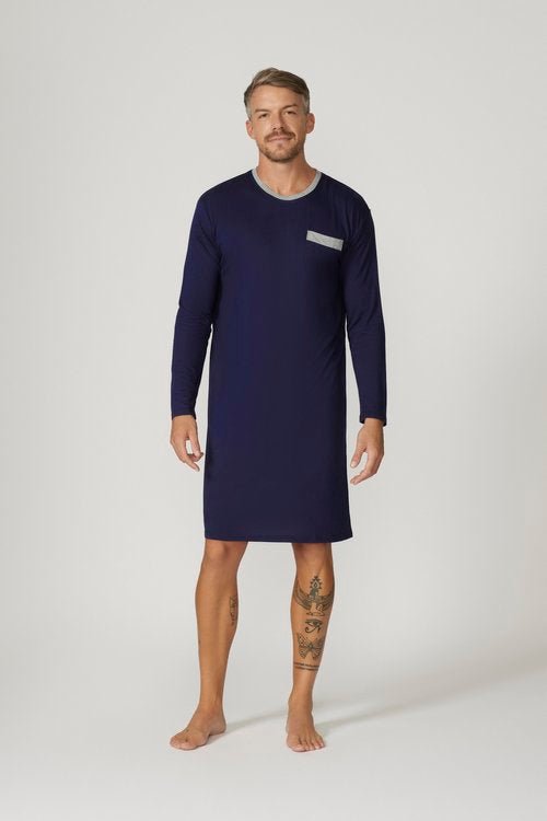 Bamboo Cotton Long Sleeve Nightshirt – Navy/Grey
