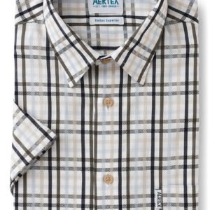 Folded plaid shirt with Aertex branding on a white background
