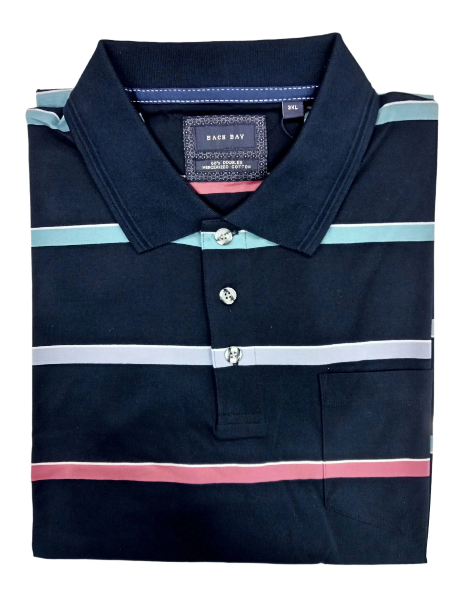 Back Bay Mercerized Cotton Striped Polo -MIDNIGHT