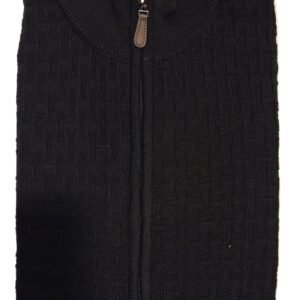 Folded black zip-up sweater on a white surface