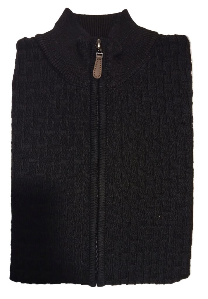 Folded black zip-up sweater on a white surface