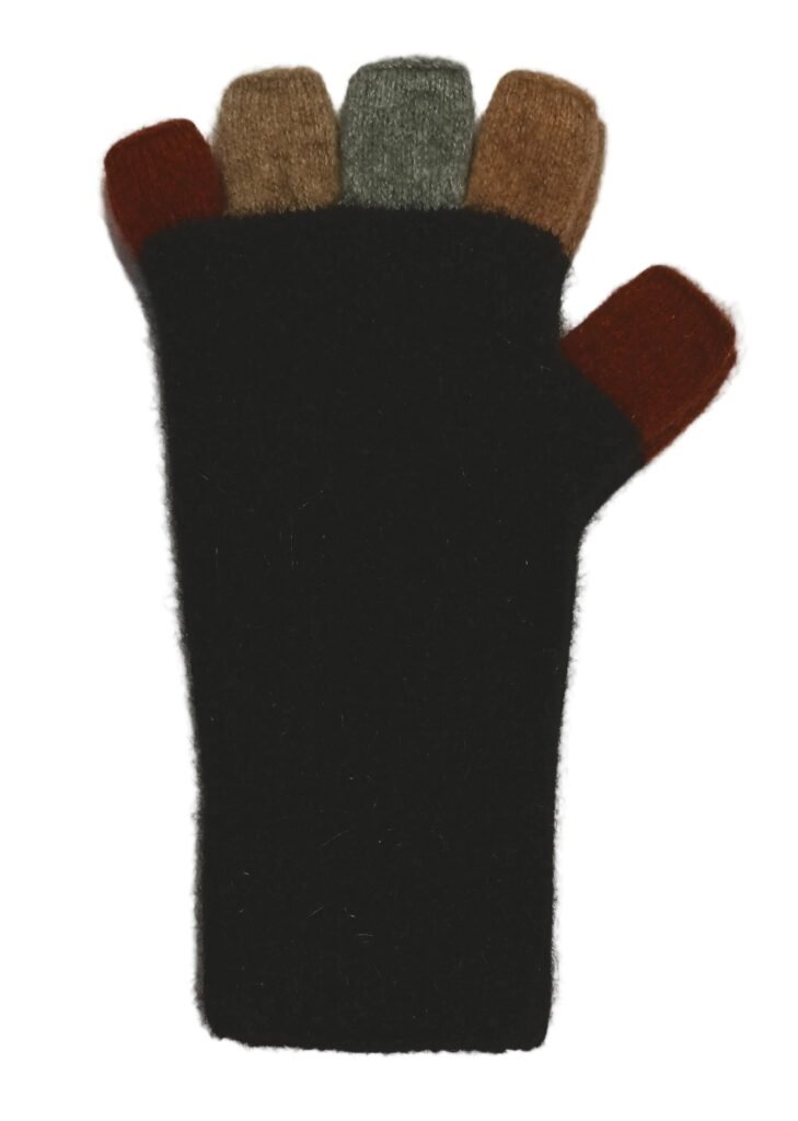 Black fingerless glove with colorful tips on a white background