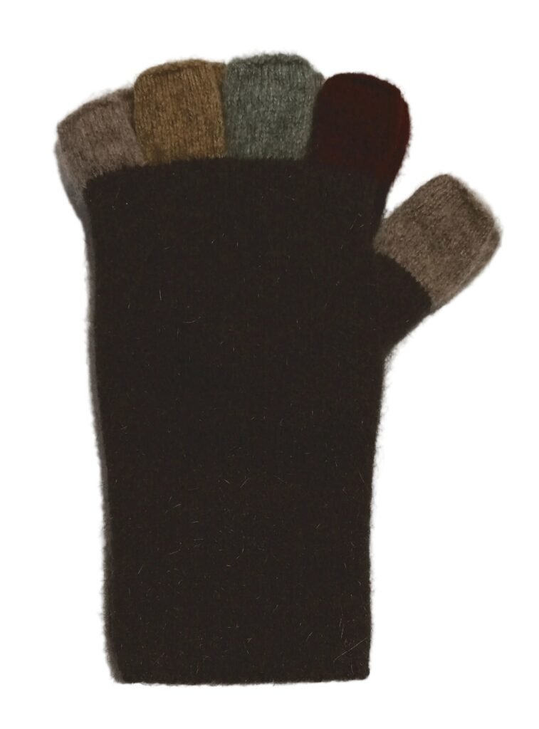 Black fingerless glove with multicolored tips on a white background