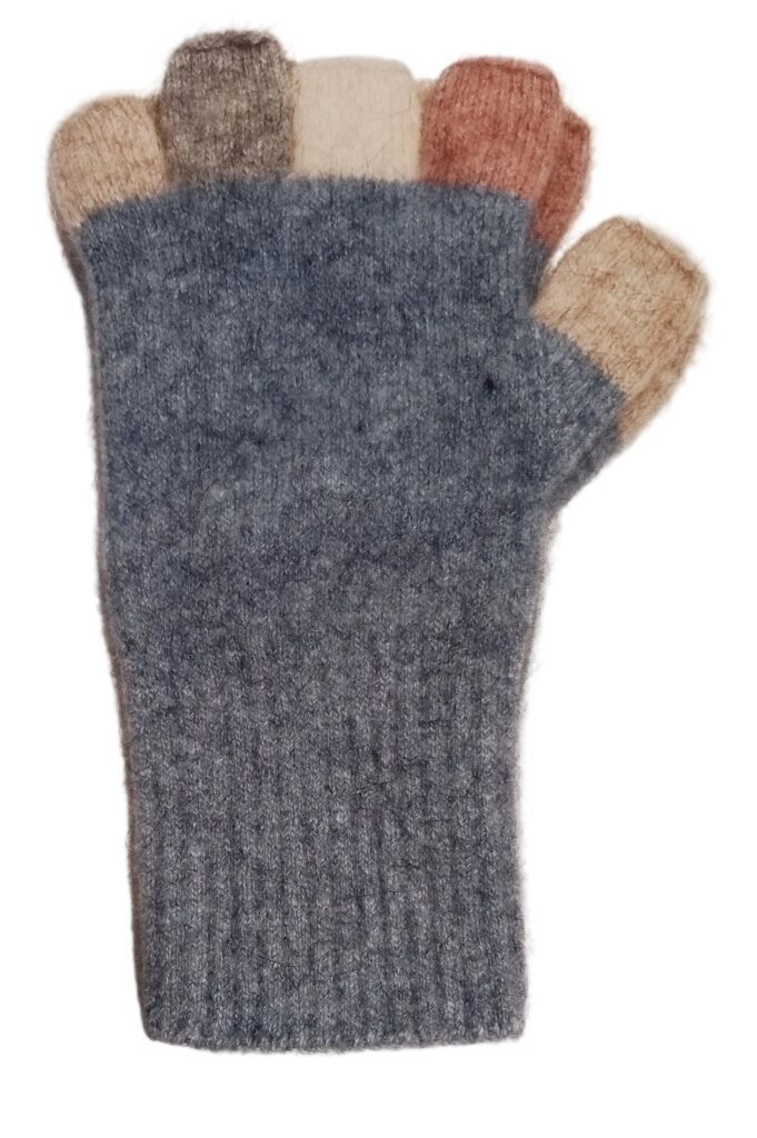 Gray fingerless glove with multicolored tips on a light background