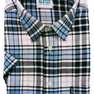Folded plaid shirt with brand label on a white background