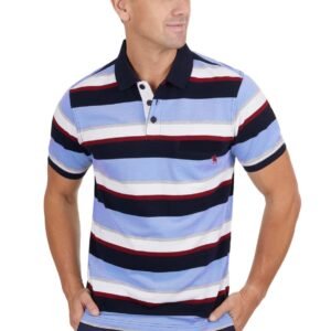Man wearing a striped polo shirt with a white background
