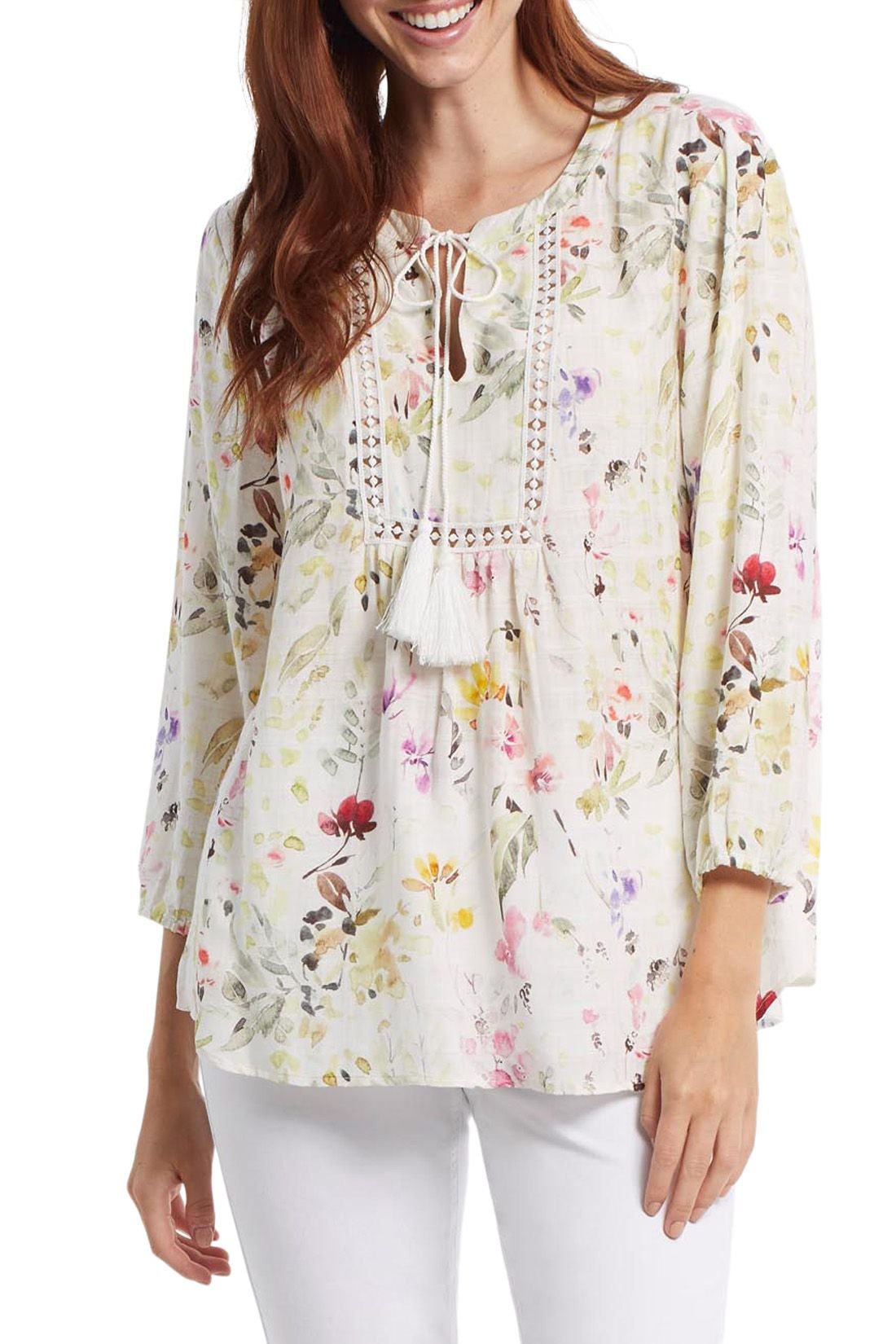 Tribal 3/4 Sleeve Blouse W Lace Trim