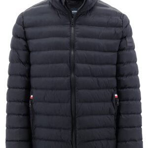 Black puffer jacket on a white background