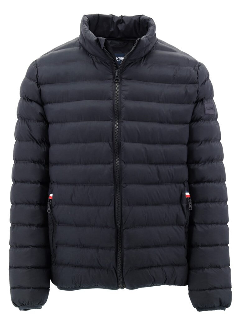 Black puffer jacket on a white background