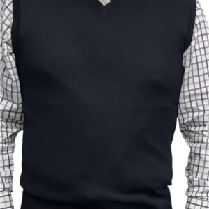 Person wearing a black sweater vest over a checkered shirt with a white background