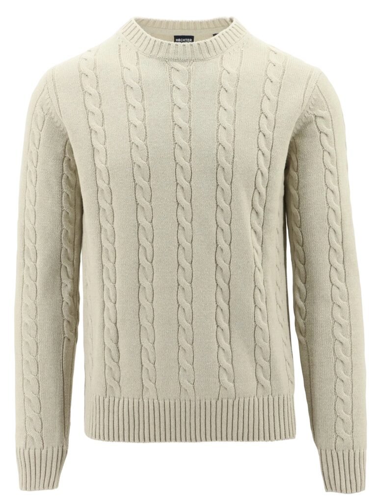 Beige cable knit sweater on a white background