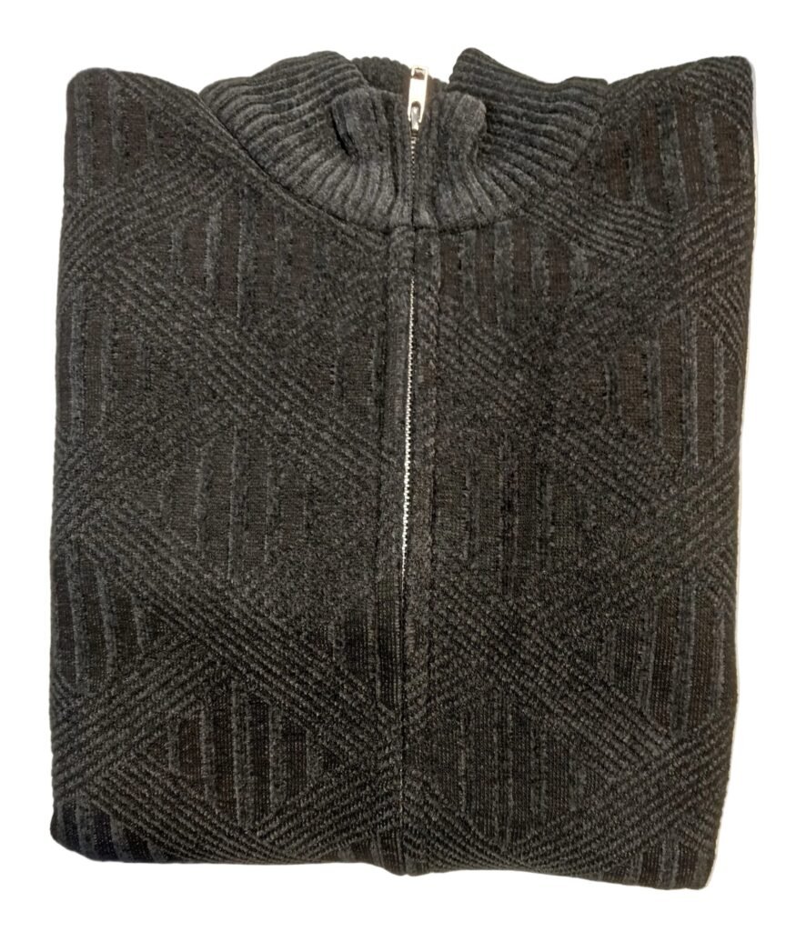 Folded gray sweater with a zipper on a white surface