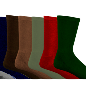 Set of colorful socks displayed with a branded packaging on a white background