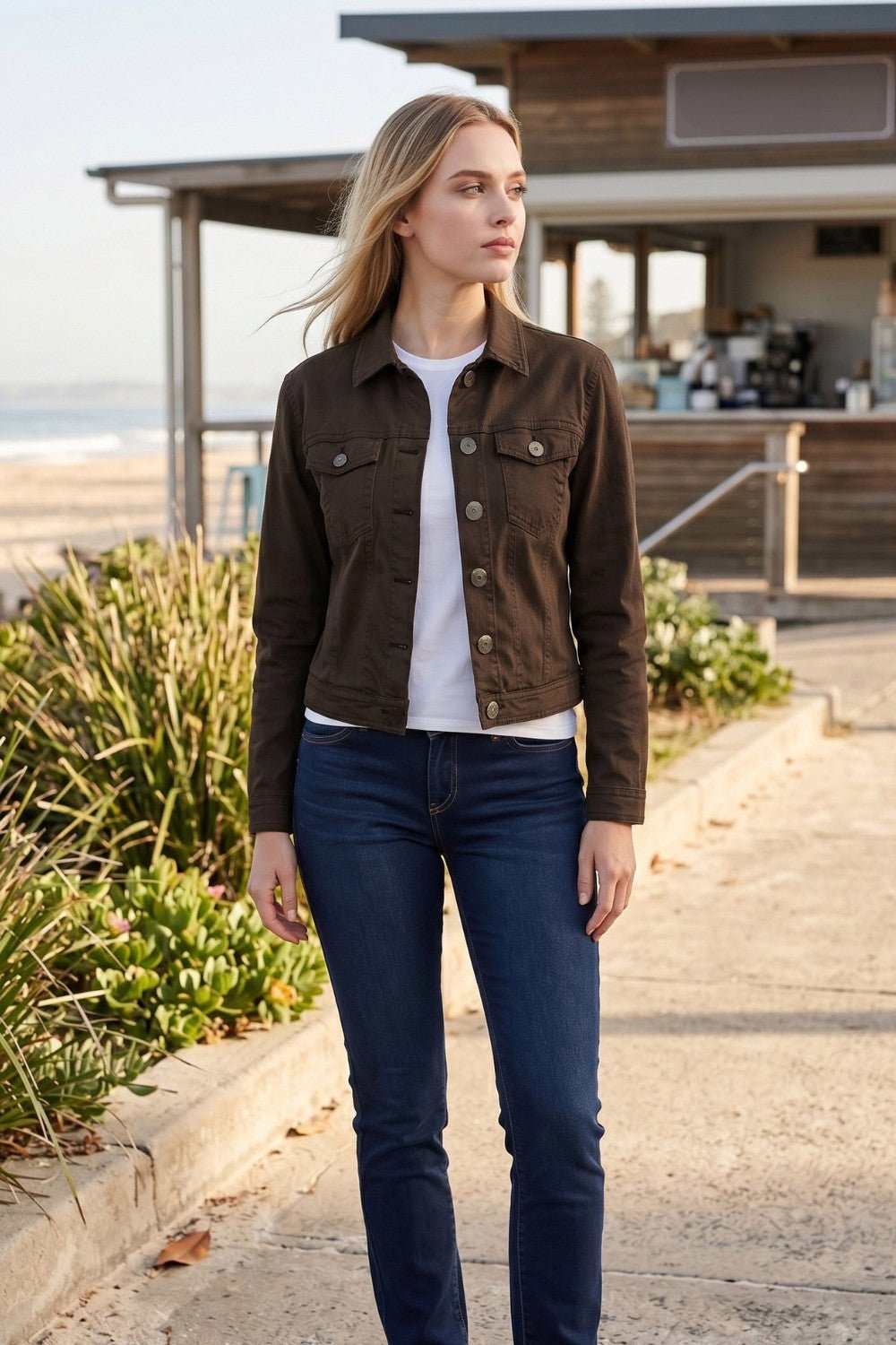 Cafe Latte Stretch Jean Jacket Chocolate