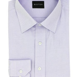 Folded light purple dress shirt with white collar and cuffs on a white background