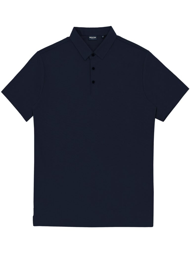 Navy blue polo shirt on a white background