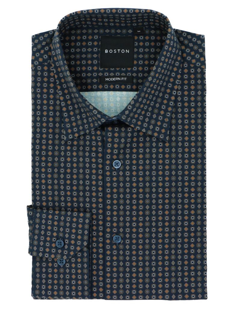 Patterned dress shirt with 'Boston' label on a white background