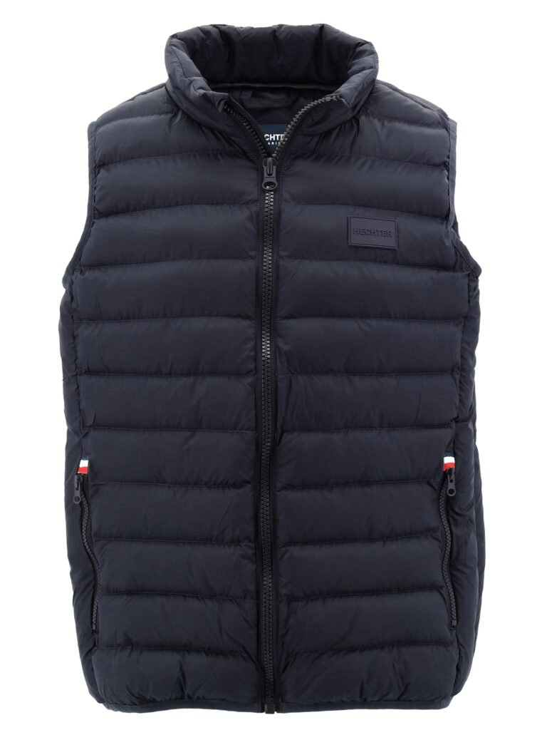 Black puffer vest with a brand logo on a white background